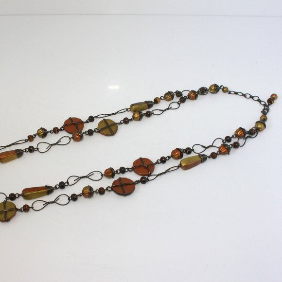 2 Strand Gold & Copper Color Wire Wrapped Beaded 28 in Necklace W/ 3 in Extender - Picture 1 of 9